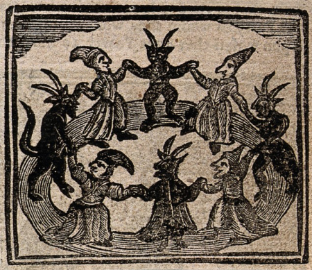 V0025811ETR Witchcraft: witches and devils dancing in a circle. Woodcut,